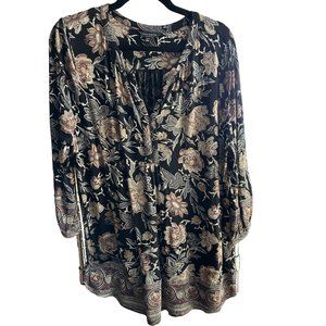Lucky Brand size 1X black floral half button split v neck 3/4 sleeve Boho top